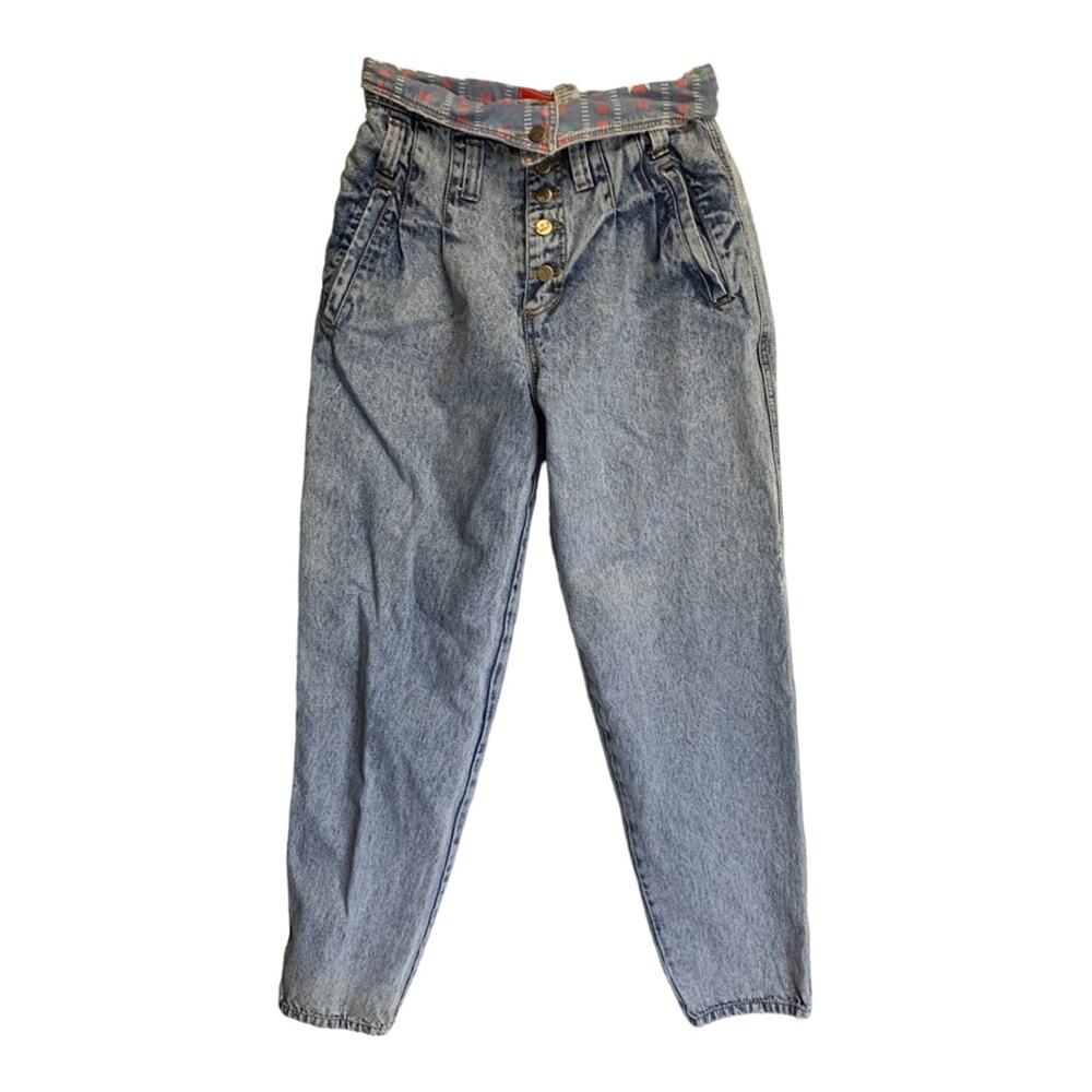 Vintage 80s no problem womens 26 small 11/12 fold over paper bag jeans acid wash